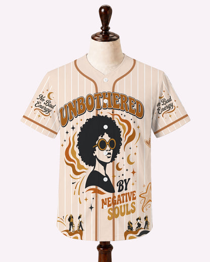 Black Woman Unbothered Baseball Jersey – No Bad Vibes Afro Graphic