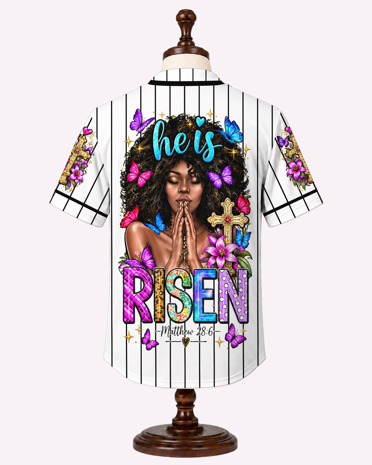 He Is Risen Butterfly Baseball Jersey - Praying Black Woman Top