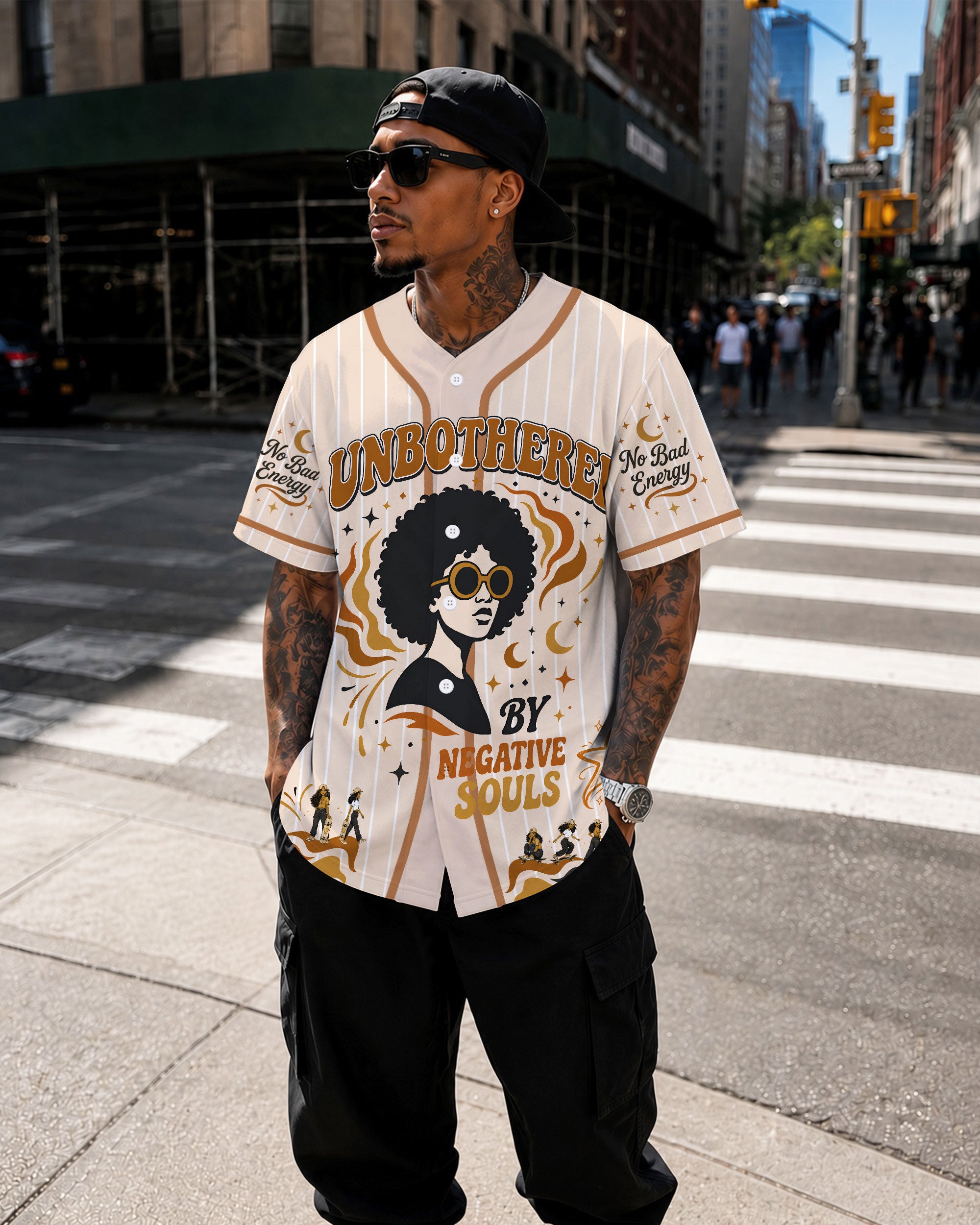 Black Woman Unbothered Baseball Jersey – No Bad Vibes Afro Graphic