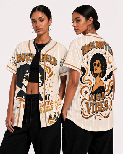 Black Woman Unbothered Baseball Jersey – No Bad Vibes Afro Graphic