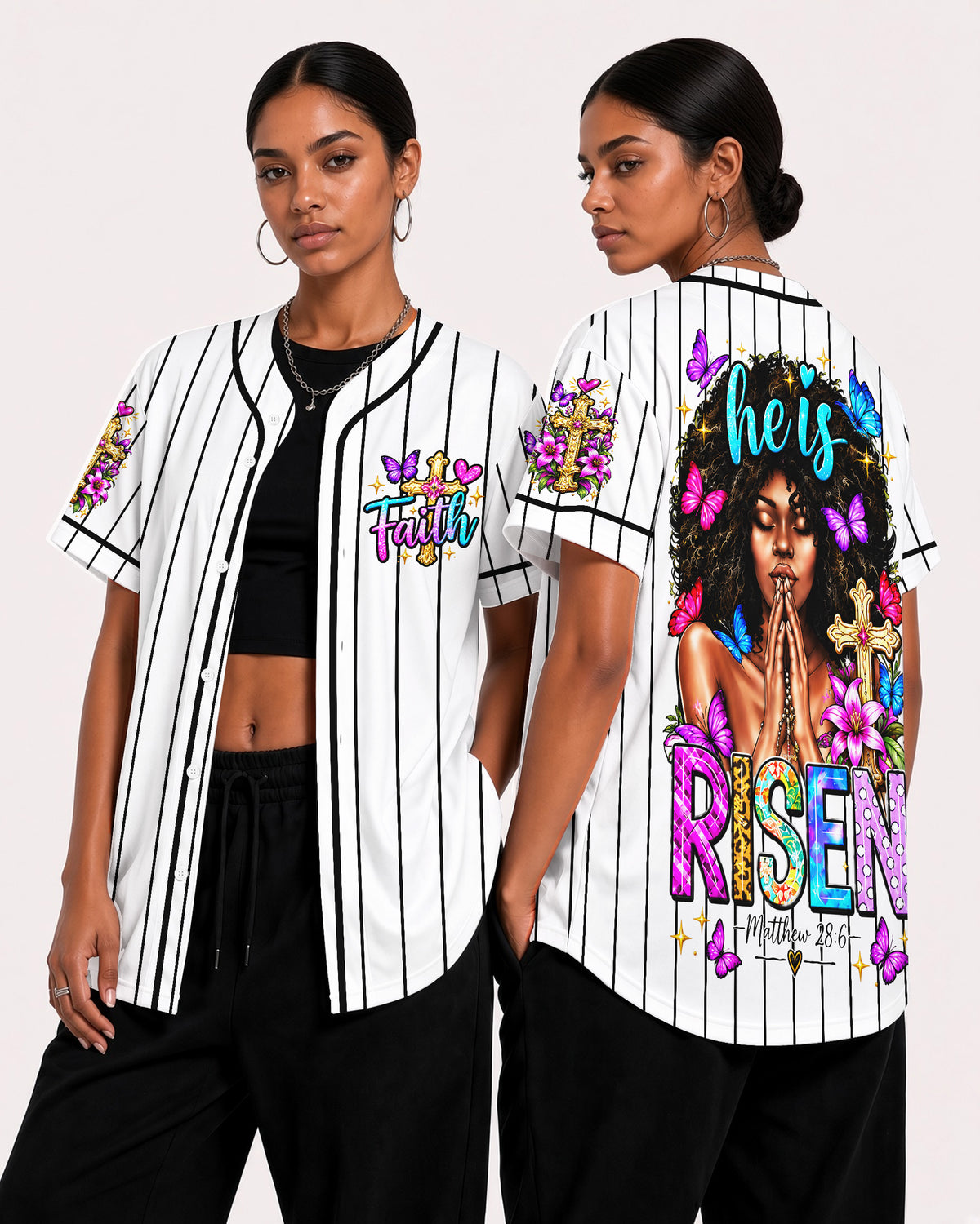 He Is Risen Butterfly Baseball Jersey - Praying Black Woman Top