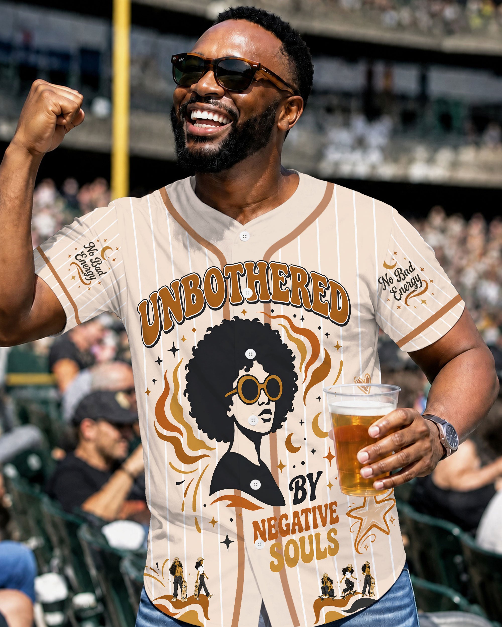 Black Woman Unbothered Baseball Jersey – No Bad Vibes Afro Graphic