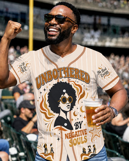 Black Woman Unbothered Baseball Jersey – No Bad Vibes Afro Graphic