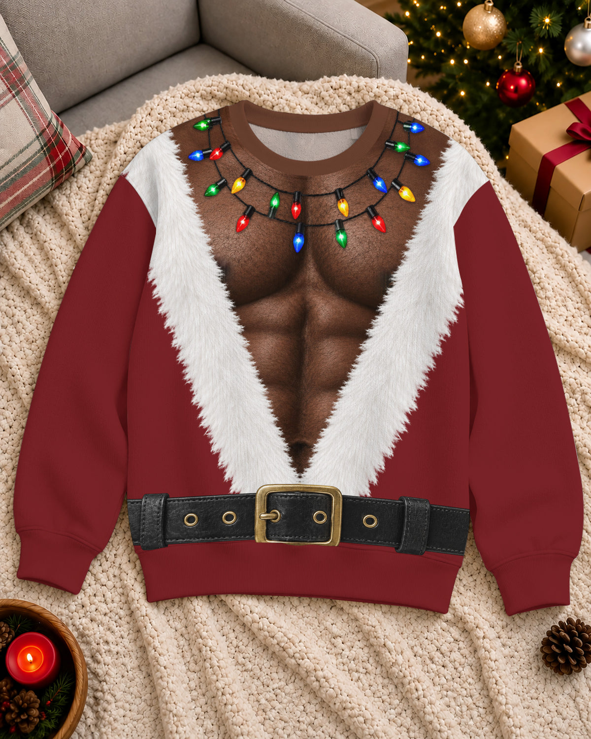 Black Santa Six Pack Abs Ugly Christmas Sweatshirt