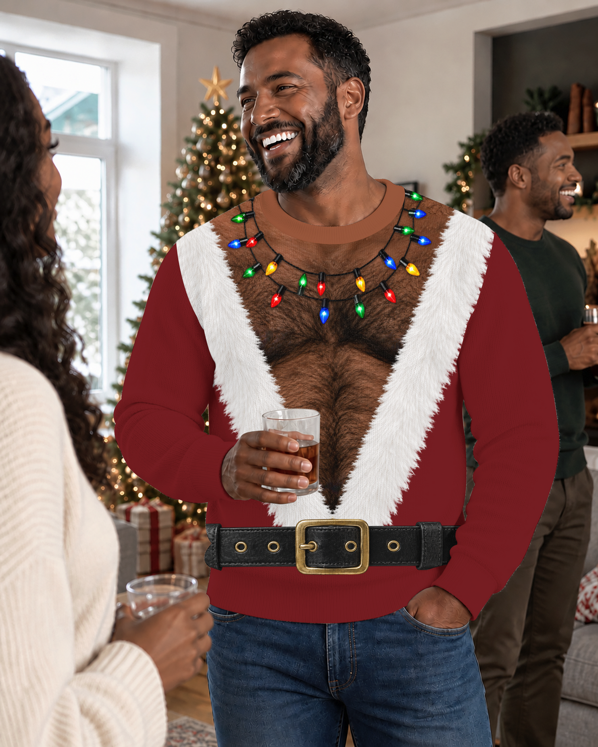 Black Santa Hairy Chest Ugly Christmas Sweater