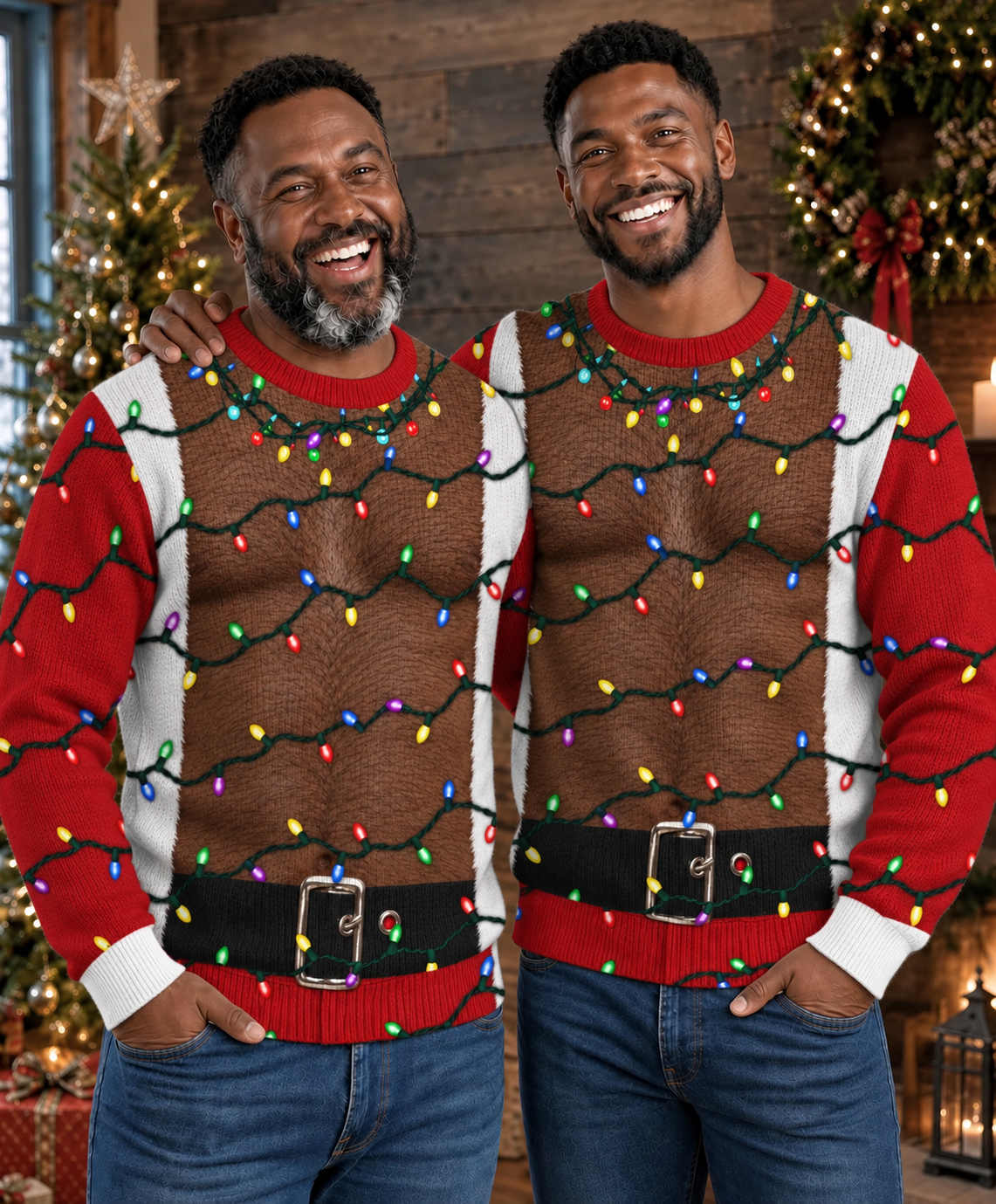 Funny Black Santa Hairy Chest Ugly Christmas Sweater Mens Xmas
