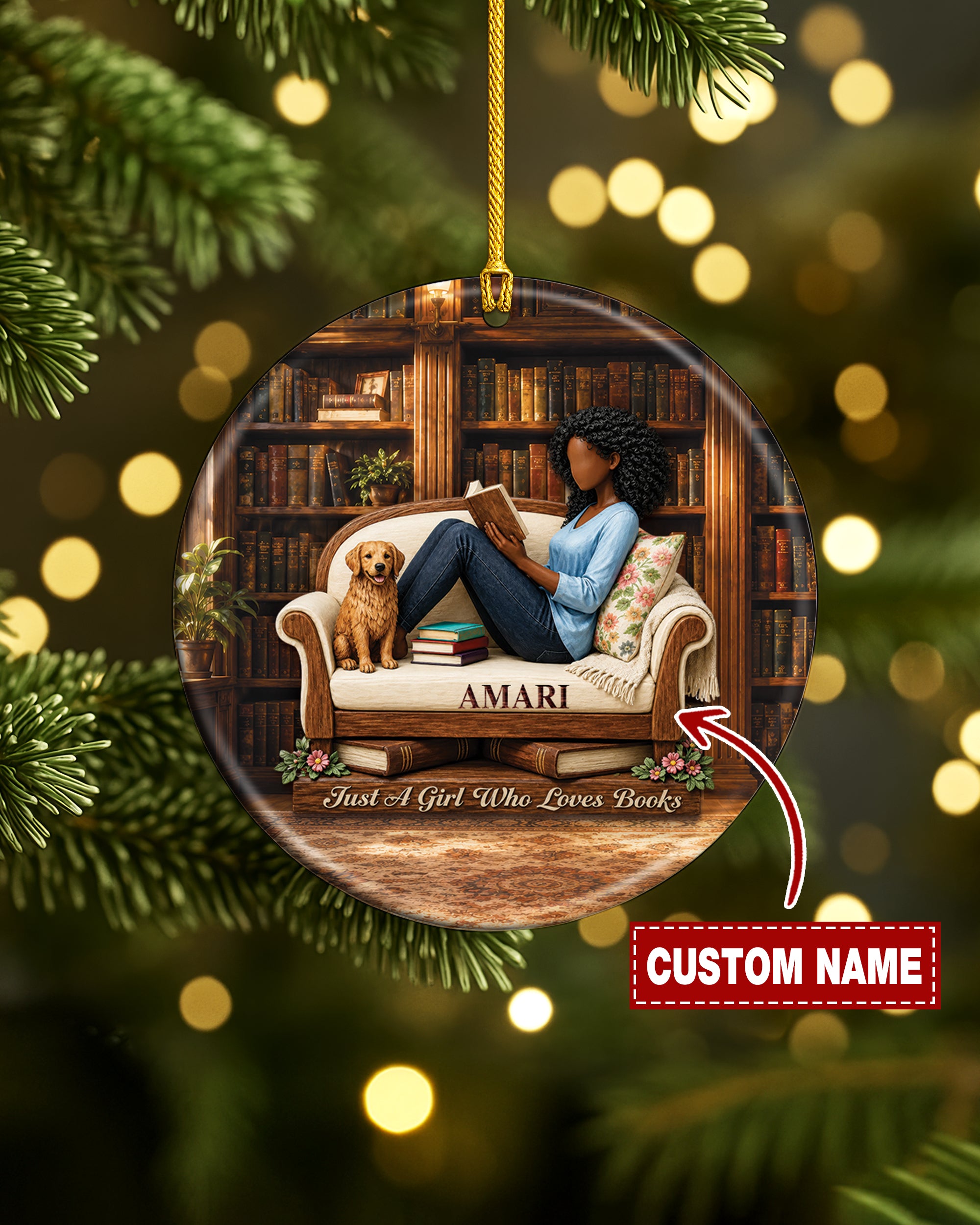 Black Girl Reading Ornament - African American Book Lover Christmas Ornament