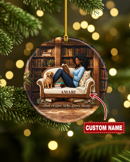 Black Girl Reading Ornament - African American Book Lover Christmas Ornament