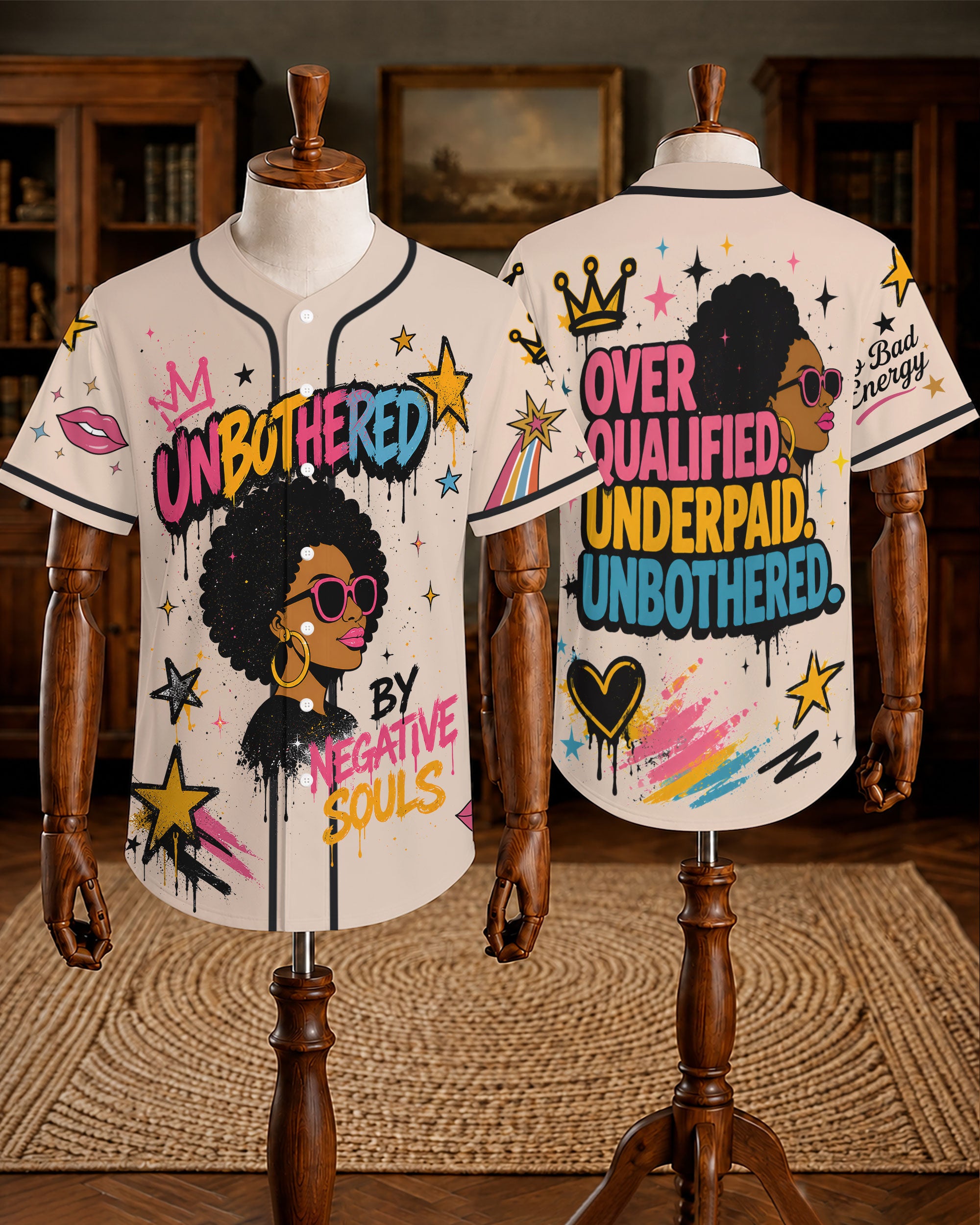 Unbothered By Negative Souls Baseball Jersey - Overqualified Underpaid Unbothered Black Woman Afro Queen Apparel