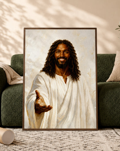 Black Jesus Open Arms Canvas Wall Art - African American Christian Home Decor