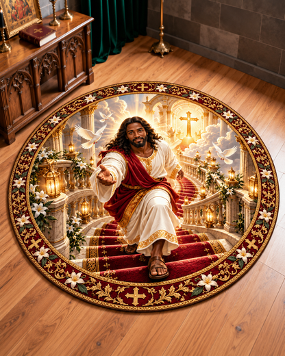 Black Jesus Stairway to Heaven 3D Round Mat – Christian Faith Decor