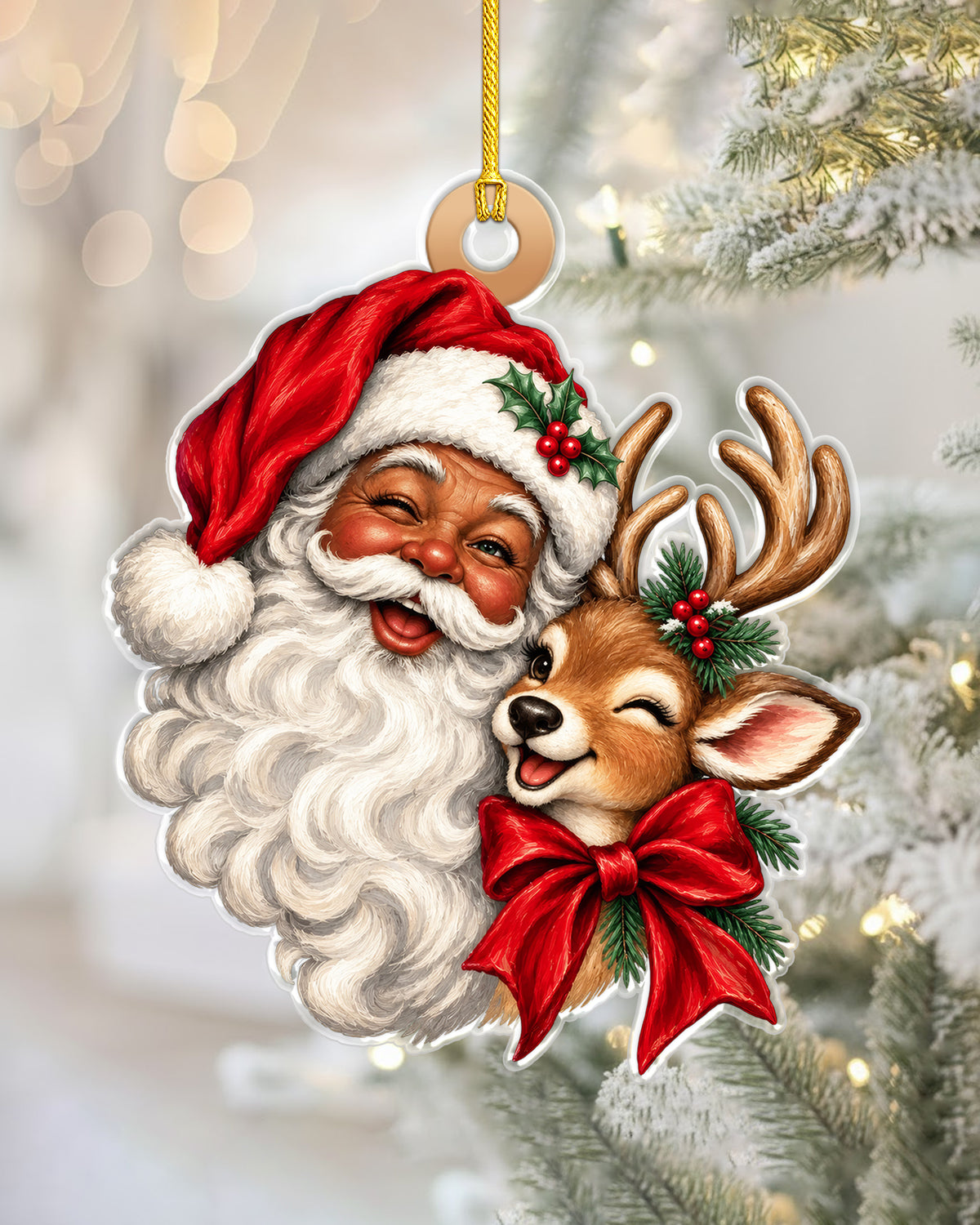 Smiling Black Santa Hugging Reindeer Ornament