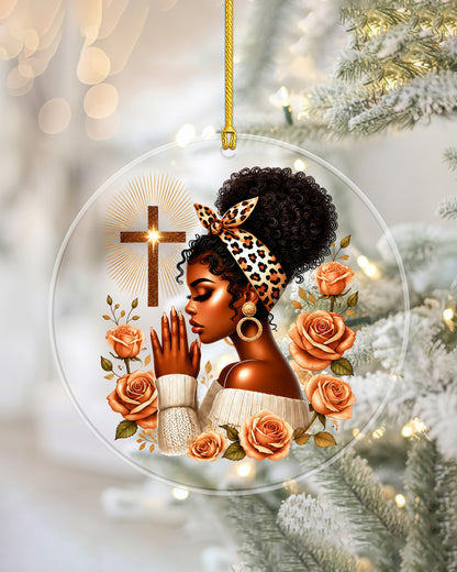 Black Woman Christmas Ornament - Faith Cross Rose Acrylic Decoration