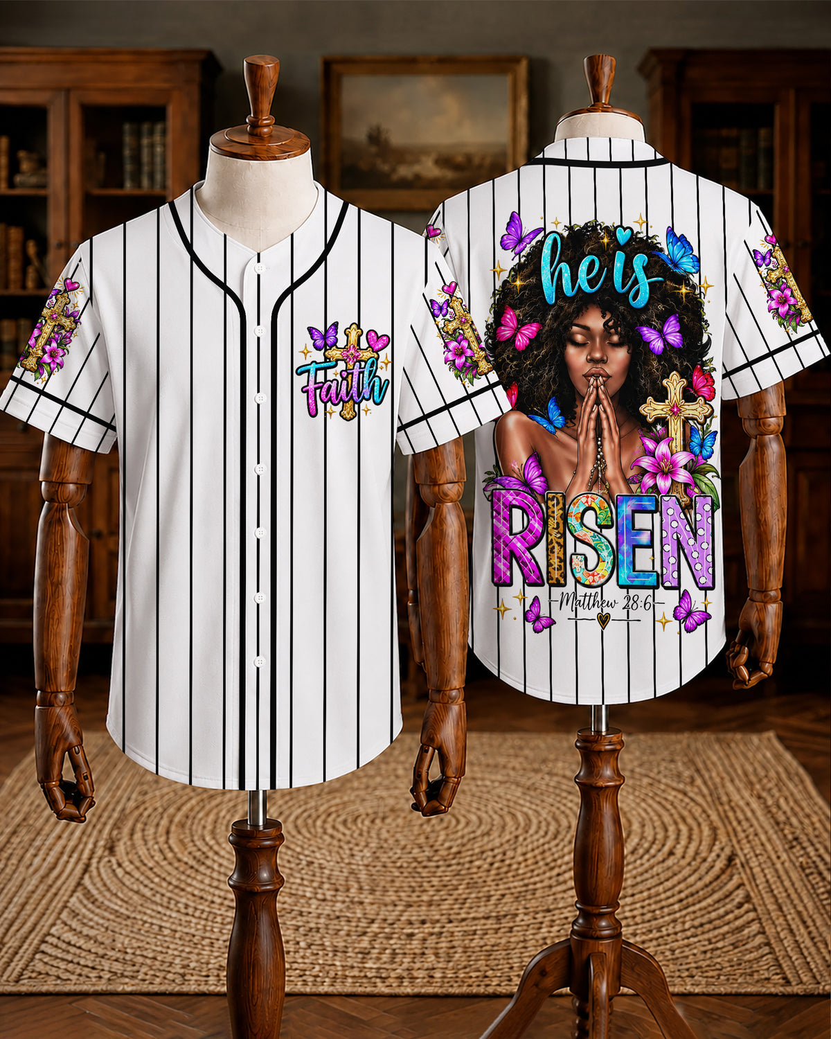 He Is Risen Butterfly Baseball Jersey - Praying Black Woman Top