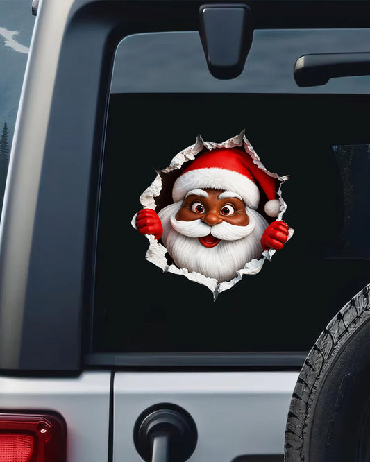 Black Santa Peeking Decal - African American Xmas Sticker