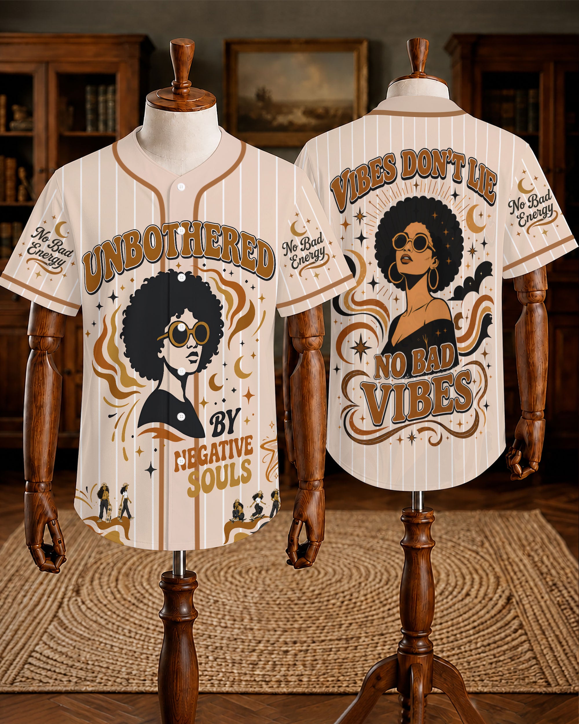 Black Woman Unbothered Baseball Jersey – No Bad Vibes Afro Graphic