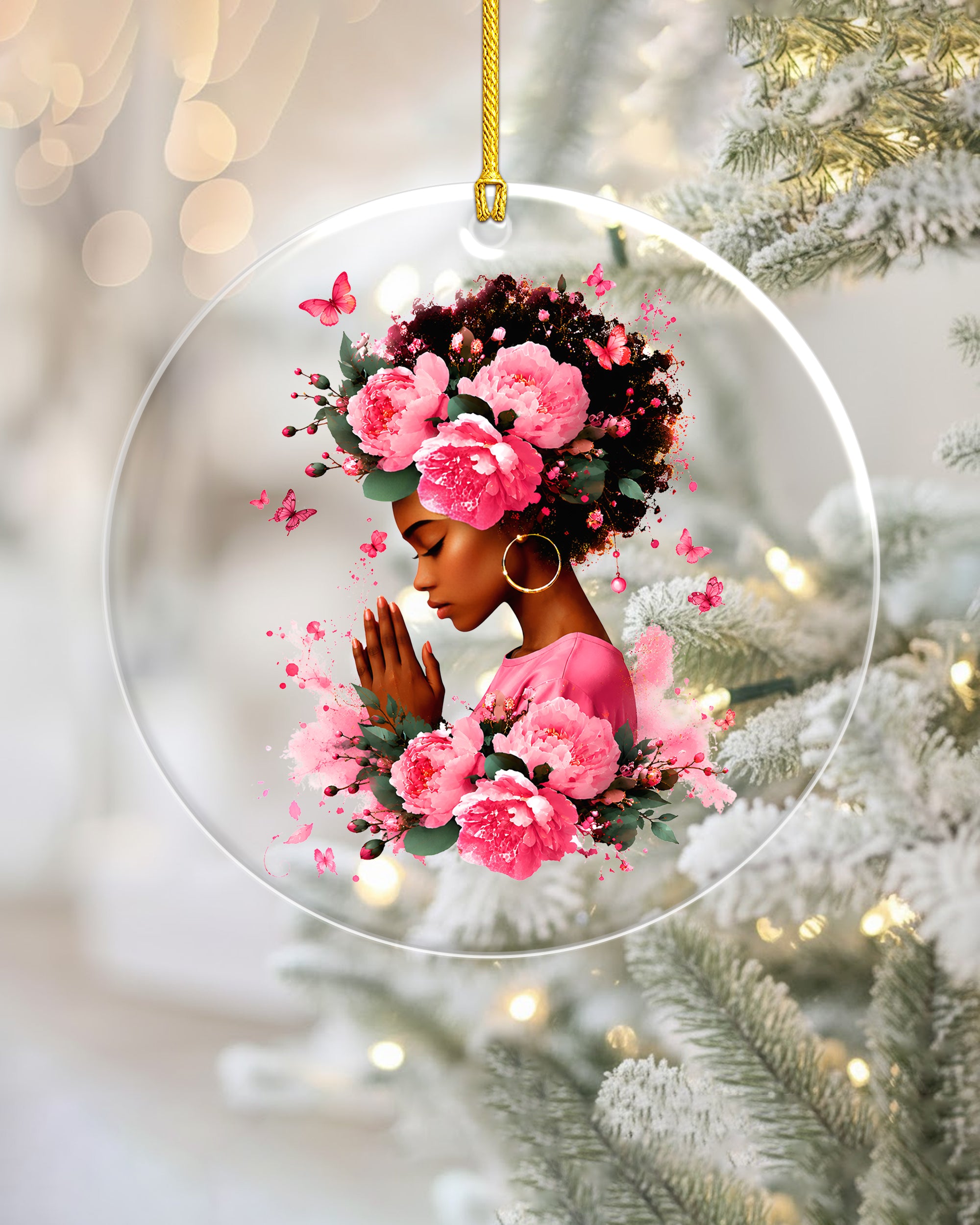 Black Queen Christmas Ornament - Pink Floral Acrylic Holiday Decor