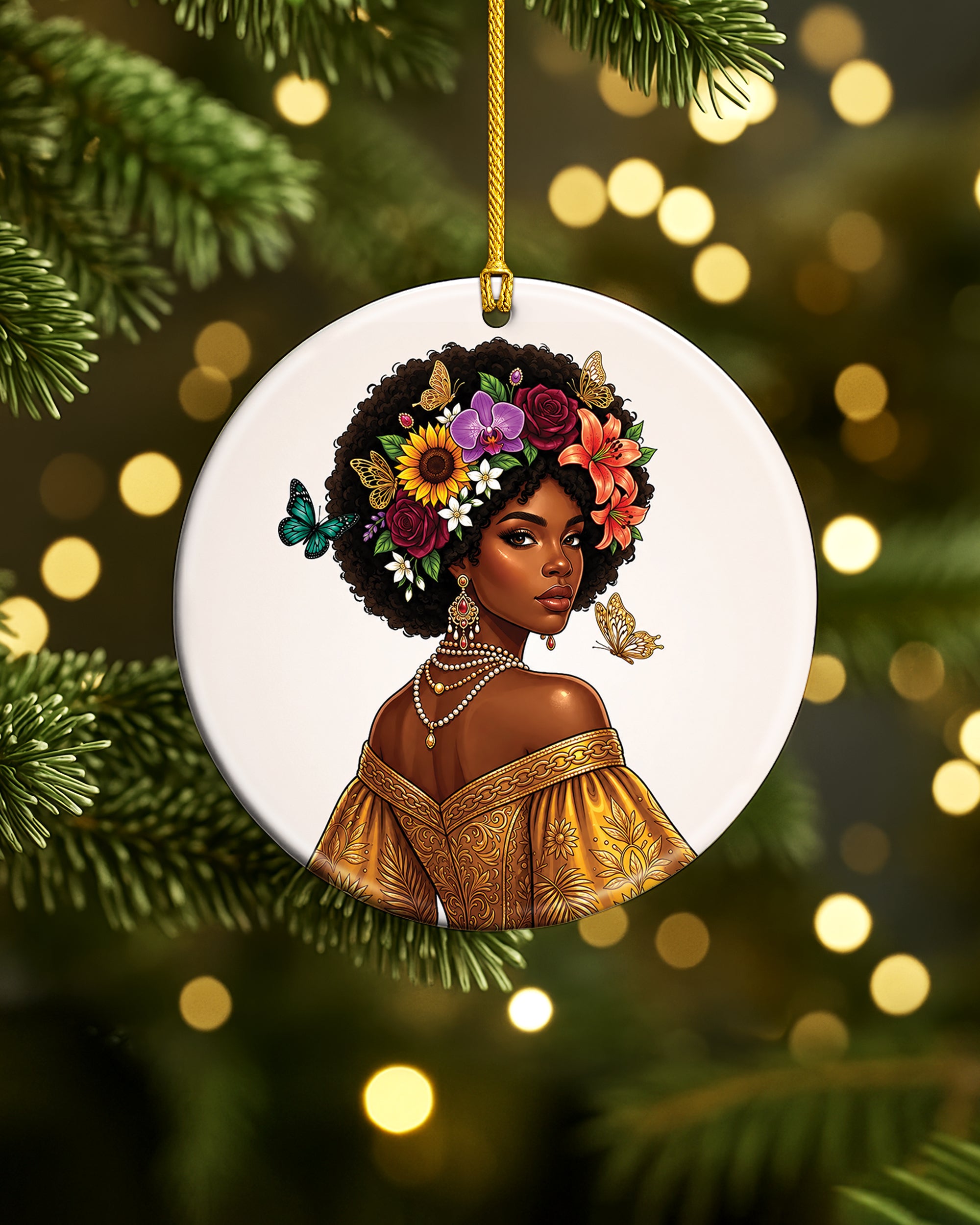Black Woman Floral Ornament - African American Beauty Christmas Ornament
