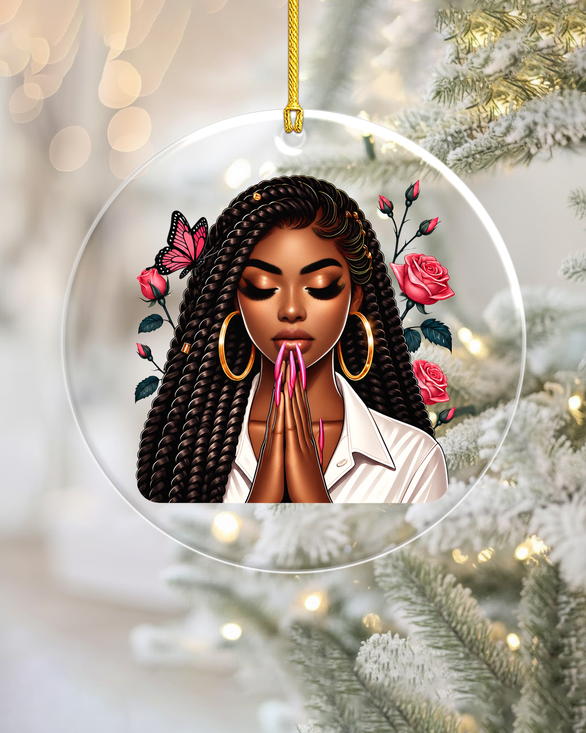 Black Queen Christmas Ornament - Praying Woman Floral Holiday Decor