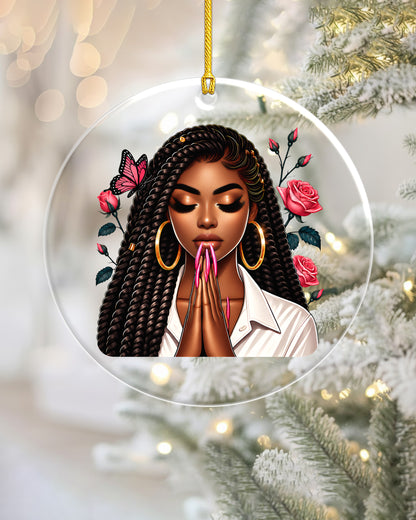 Black Queen Christmas Ornament - Praying Woman Floral Holiday Decor
