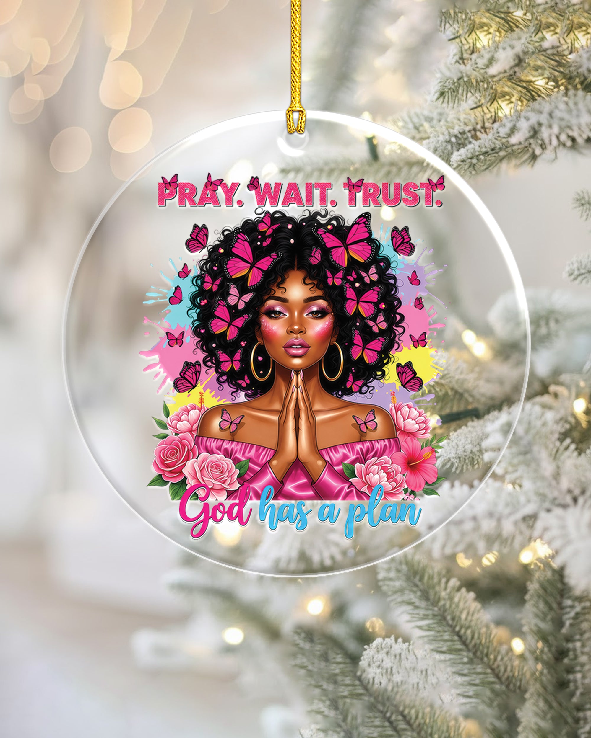 Black Woman Faith Butterfly Pink Acrylic Ornament