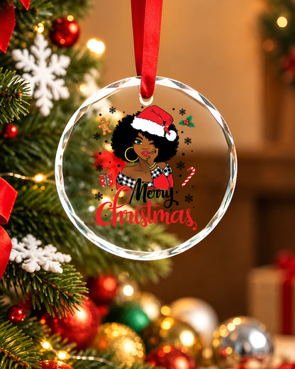 Winking Black Santa Girl Glass Ornament Xmas Decor