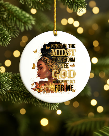 Black Woman Faith Christmas Ornament, God Is Working Ceramic Ornament