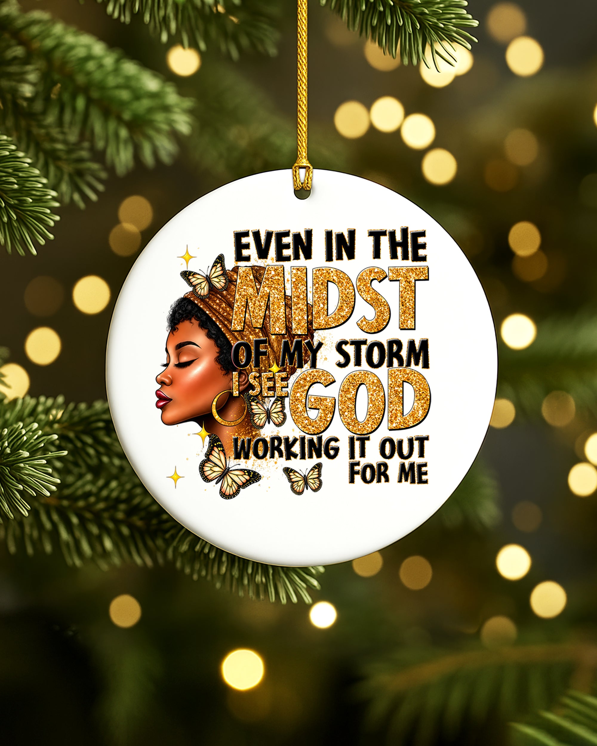 Black Woman Faith Christmas Ornament, God Is Working Ceramic Ornament