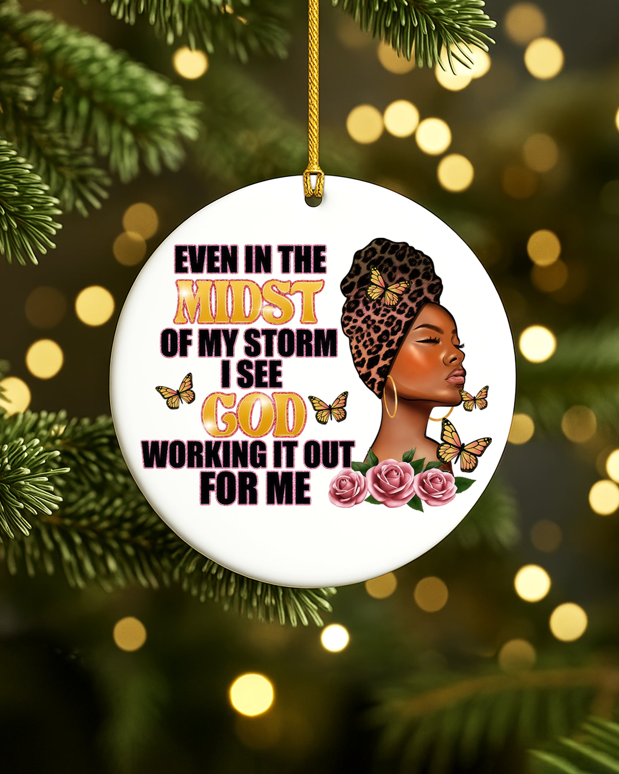 Black Woman Trust in God Christmas Ornament, Faith Over Storm Ceramic Ornament