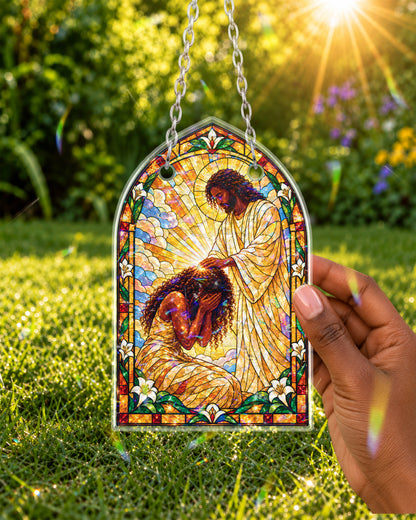 Jesus Blessing Black Woman Window Suncatcher Decor