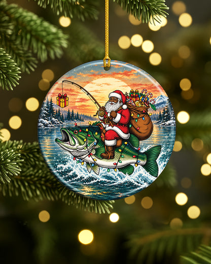 Black Santa Fishing Bass Christmas Ornament