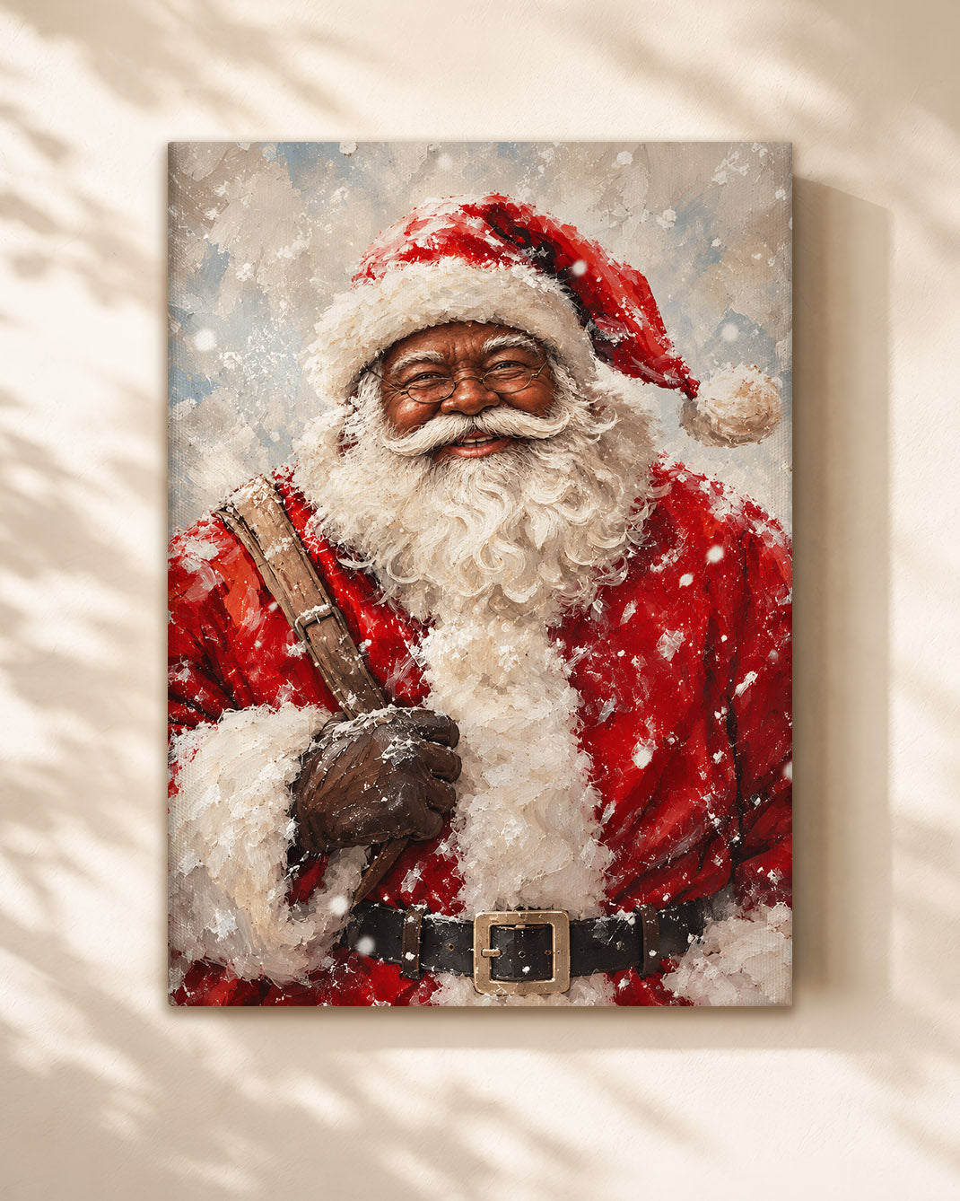 Black Santa in Snow Canvas Artwork - African American Xmas Picture