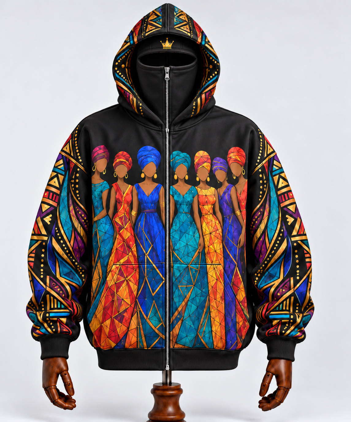 African American Black Queens Cultural Heritage Mask Zip Hoodie