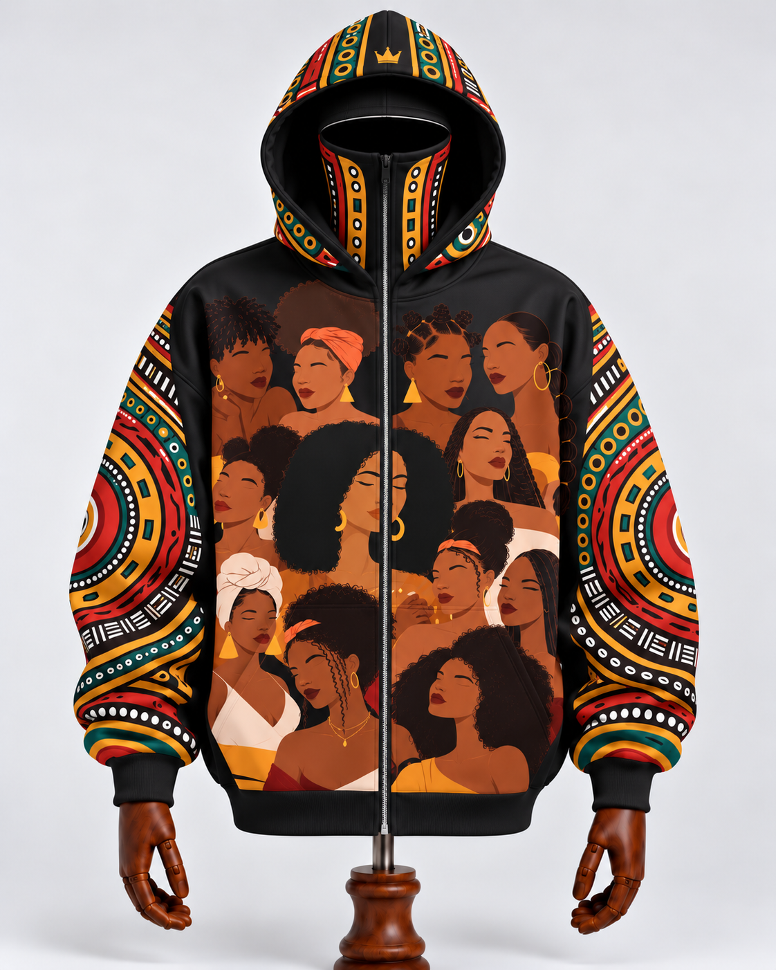 African American Black Queens Cultural Heritage Mask Zip Hoodie