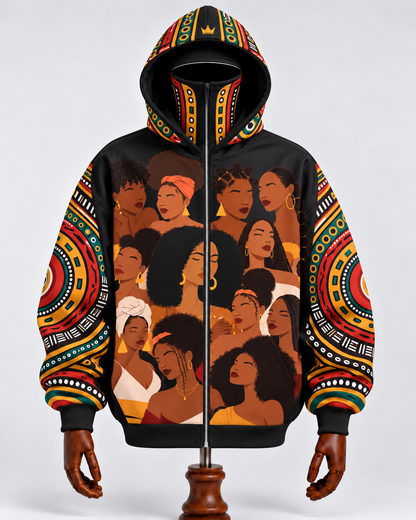 African American Black Queens Cultural Heritage Mask Zip Hoodie