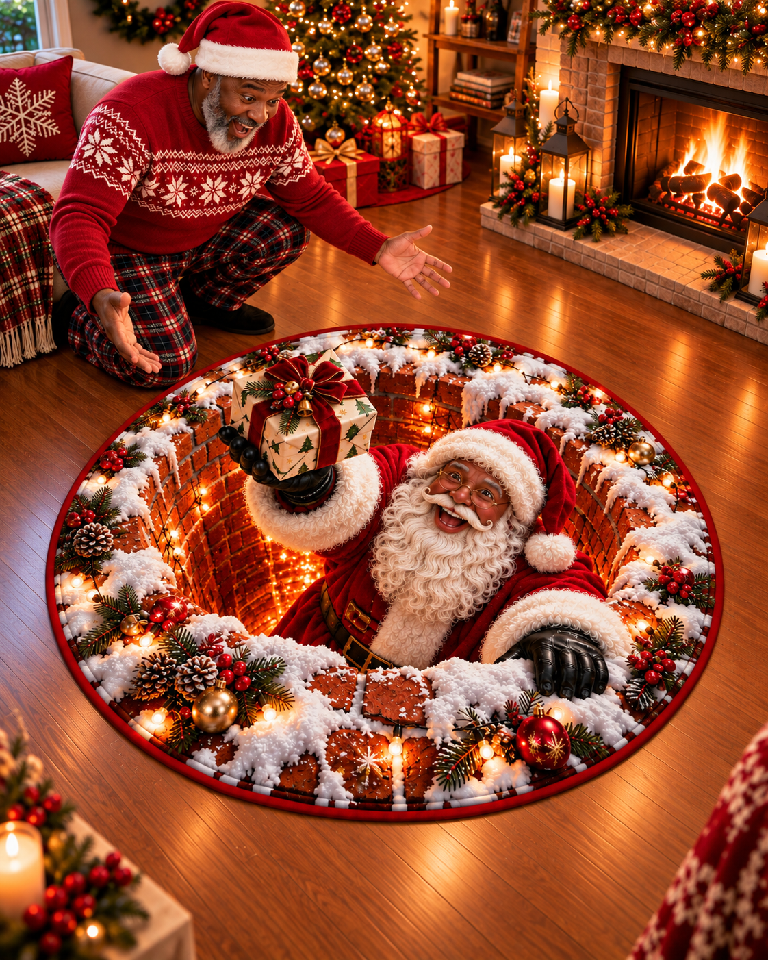 Black Santa Christmas Gift Surprise 3D Round Mat – Holiday Rug