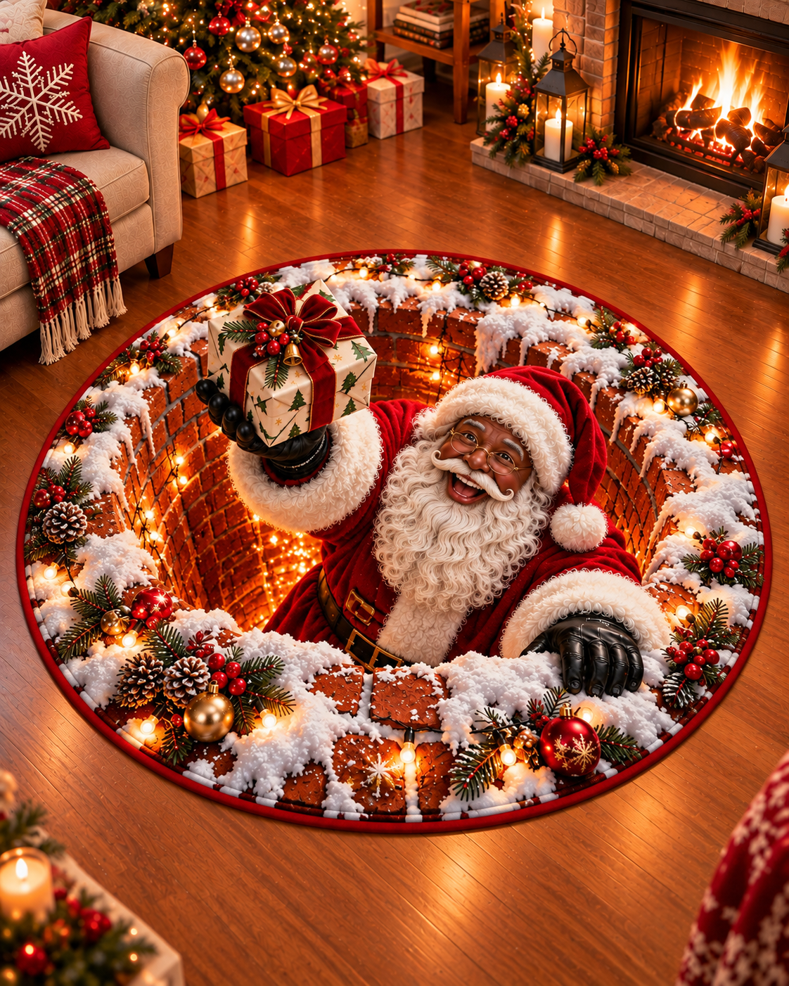 Black Santa Christmas Gift Surprise 3D Round Mat – Holiday Rug