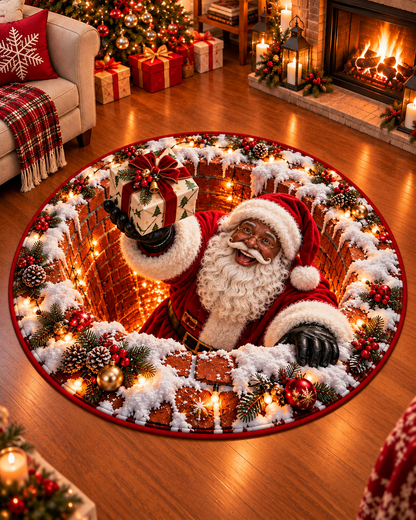 Black Santa Christmas Gift Surprise 3D Round Mat – Holiday Rug