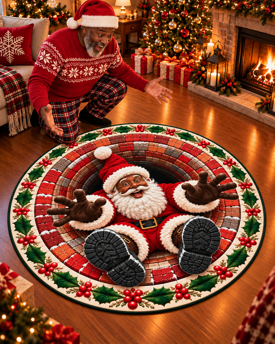 Black Santa 3D Chimney Illusion Round Mat – Christmas Floor Rug