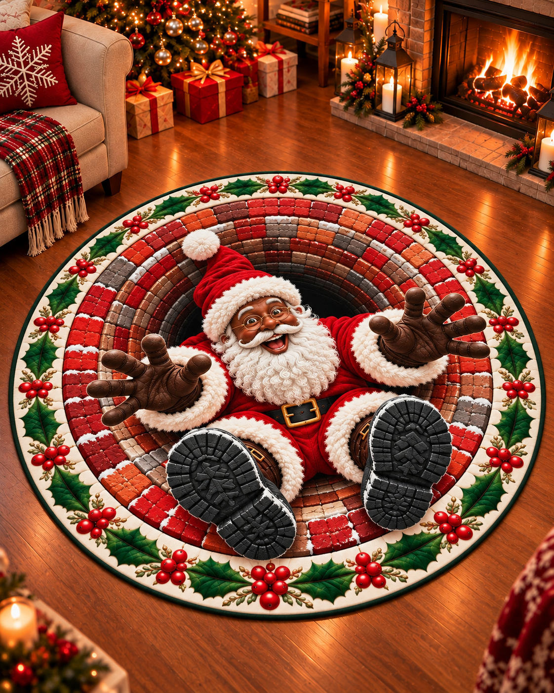 Black Santa 3D Chimney Illusion Round Mat – Christmas Floor Rug