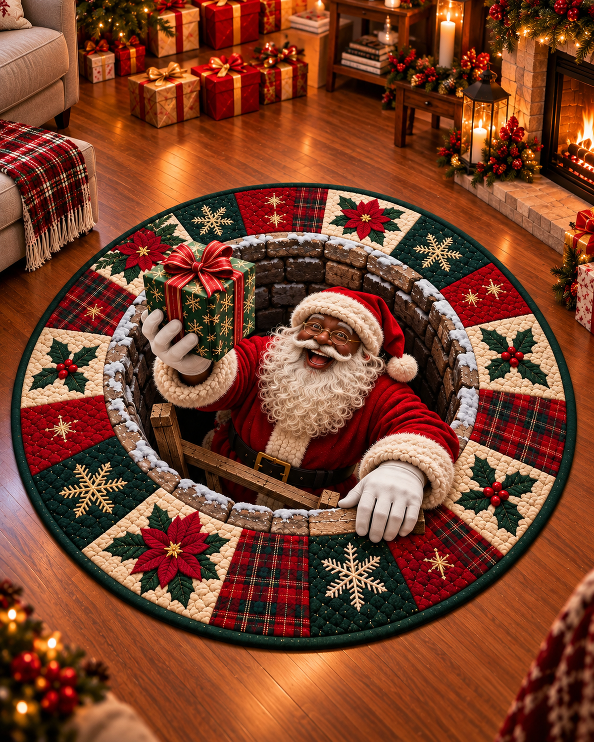 Black Santa Climbing Chimney 3D Round Mat – Christmas Floor Rug