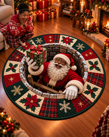 Black Santa Climbing Chimney 3D Round Mat – Christmas Floor Rug