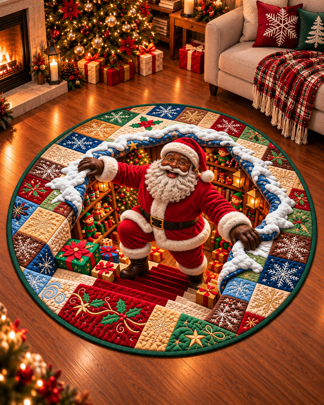 Black Santa Christmas 3D Illusion Quilted Round Mat Collection