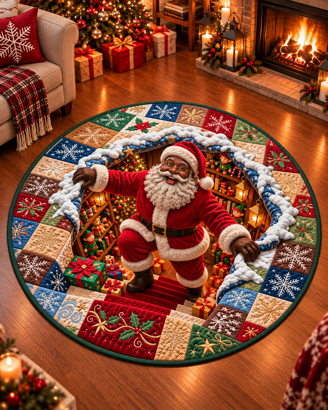 Black Santa 3D Christmas Round Rug – Festive Holiday Floor Mat