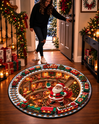 Black Santa Christmas Toy Workshop Train Quilted Round Mat