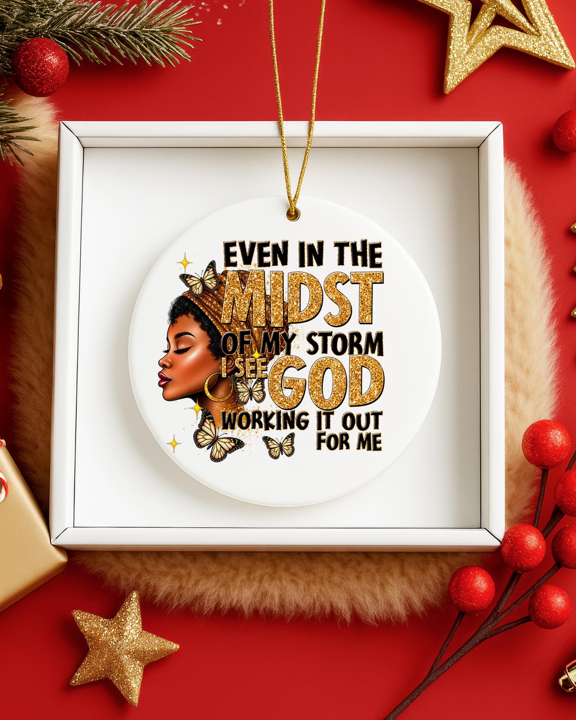 Black Woman Faith Christmas Ornament, God Is Working Ceramic Ornament