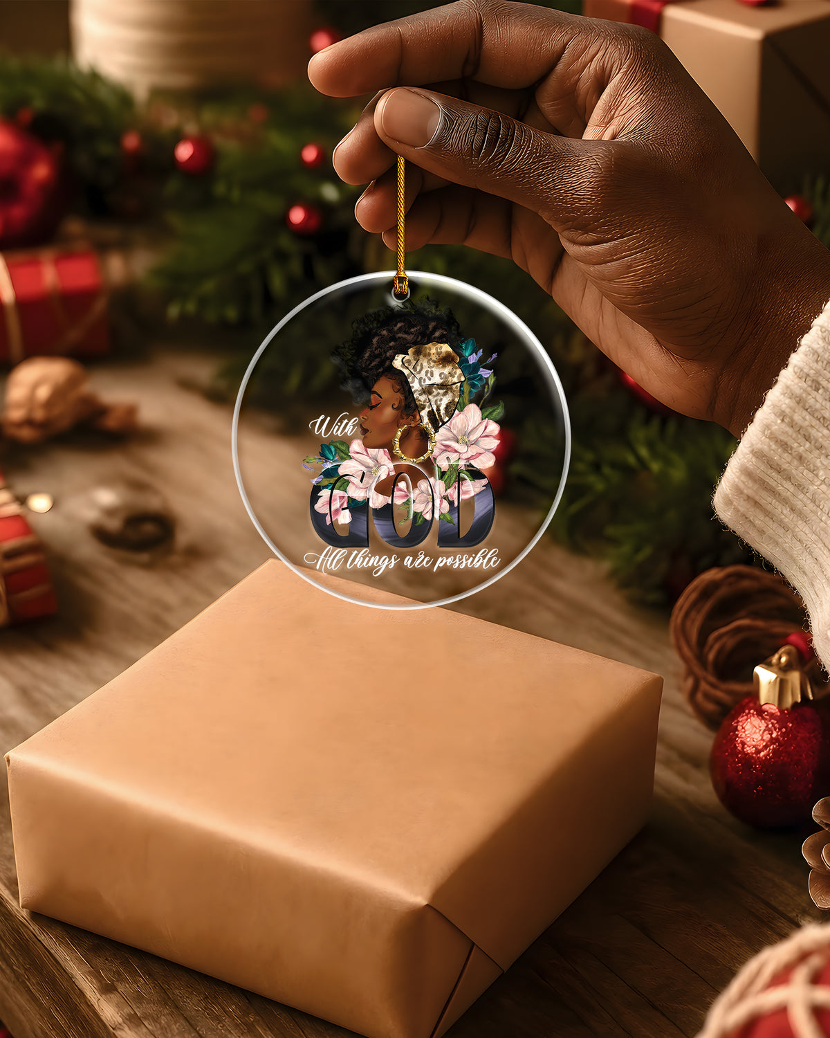 Black Woman With God All Things Possible Acrylic Ornament