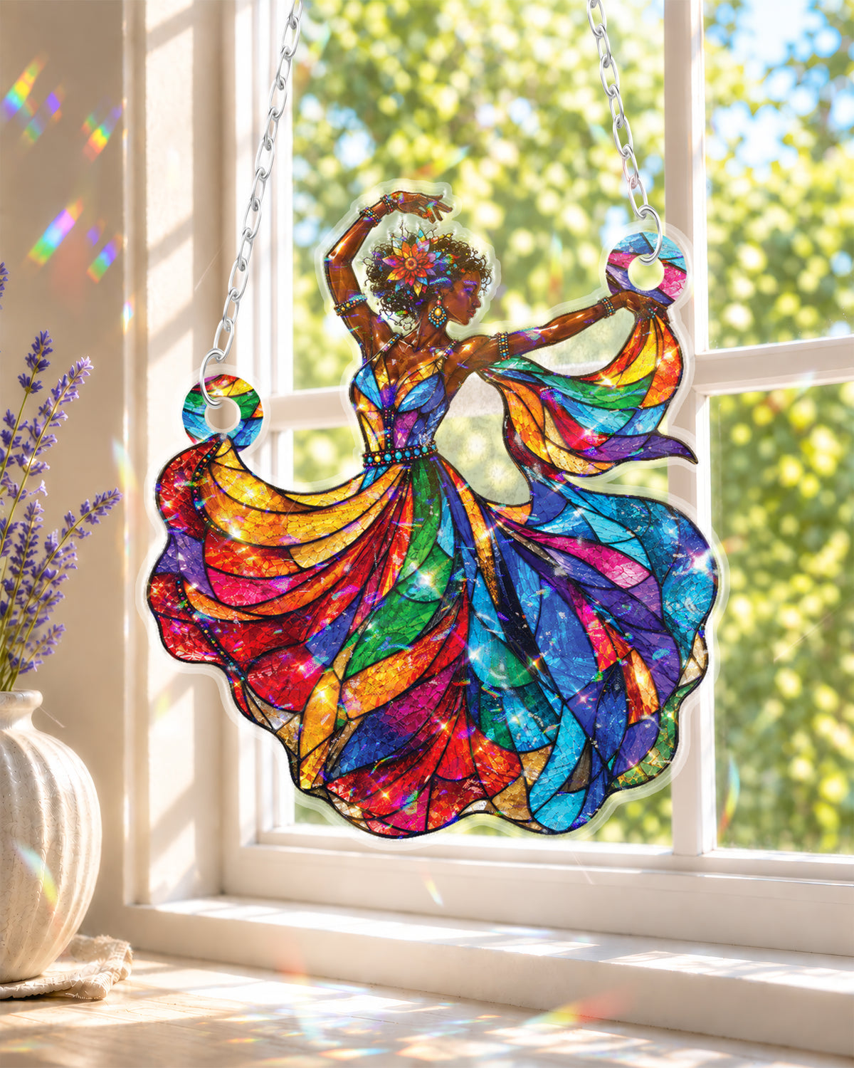 Afro Queen Dancing Stained Suncatcher Home Decor Gift