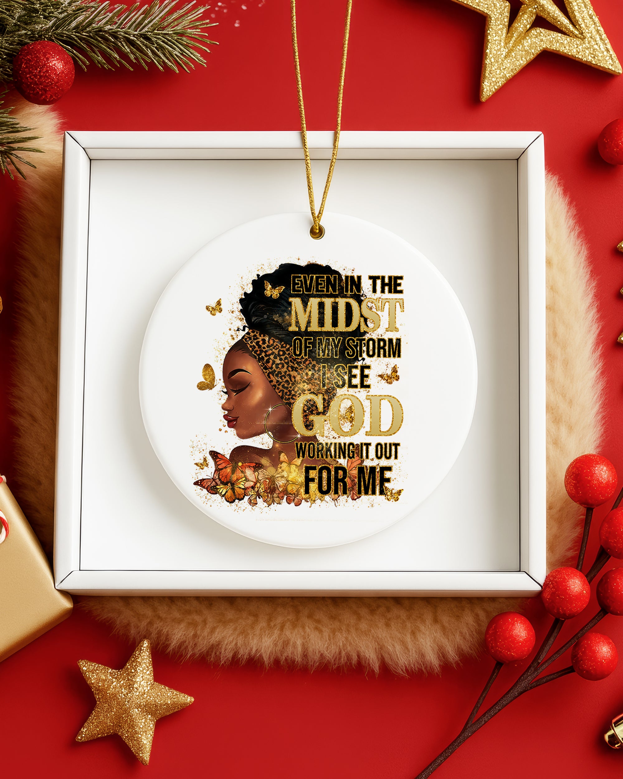 Black Woman Faith Christmas Ornament, God Is Working Ceramic Ornament