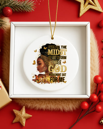 Black Woman Faith Christmas Ornament, God Is Working Ceramic Ornament